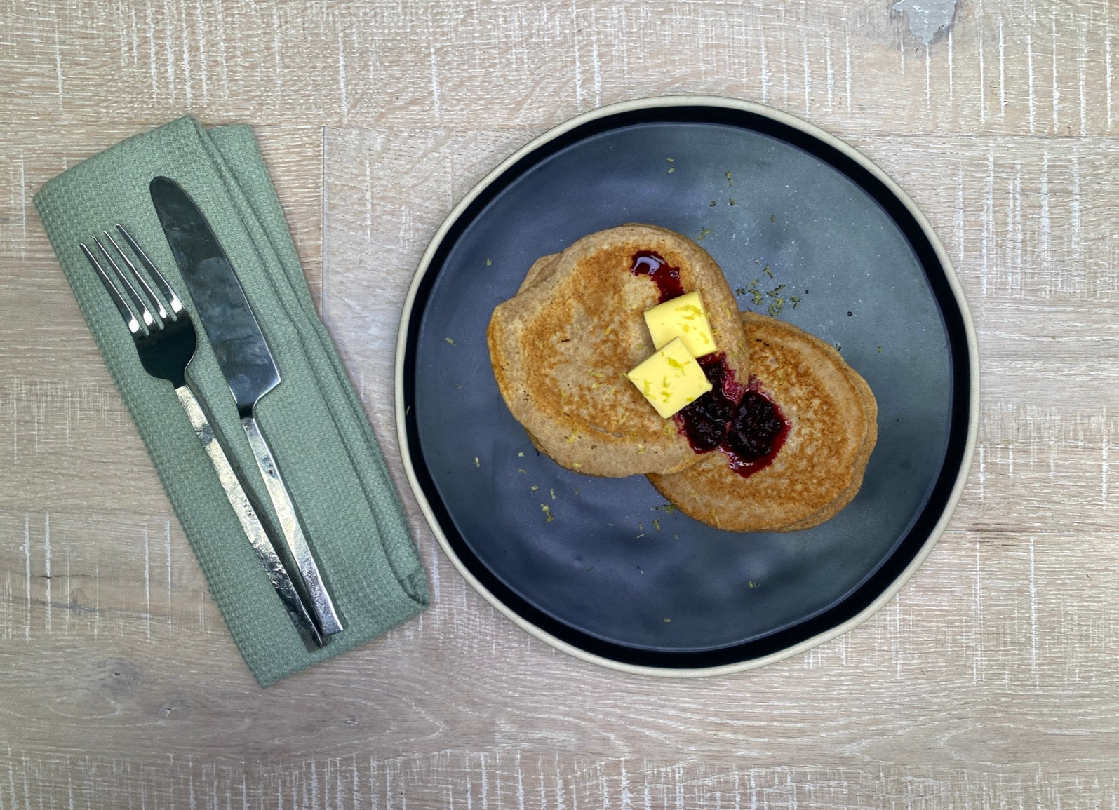 Spelt Pancakes w/ Blueberry Compote and Homemade Butter