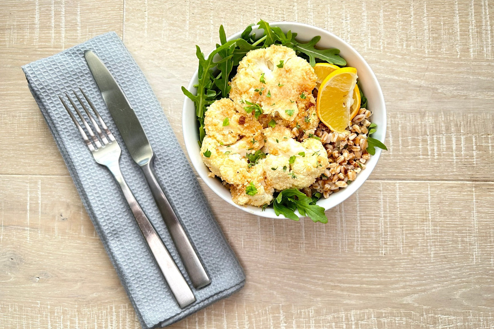 Farro Pilaf Bowl w/ Herbed Cauliflower Steak (Vegan)