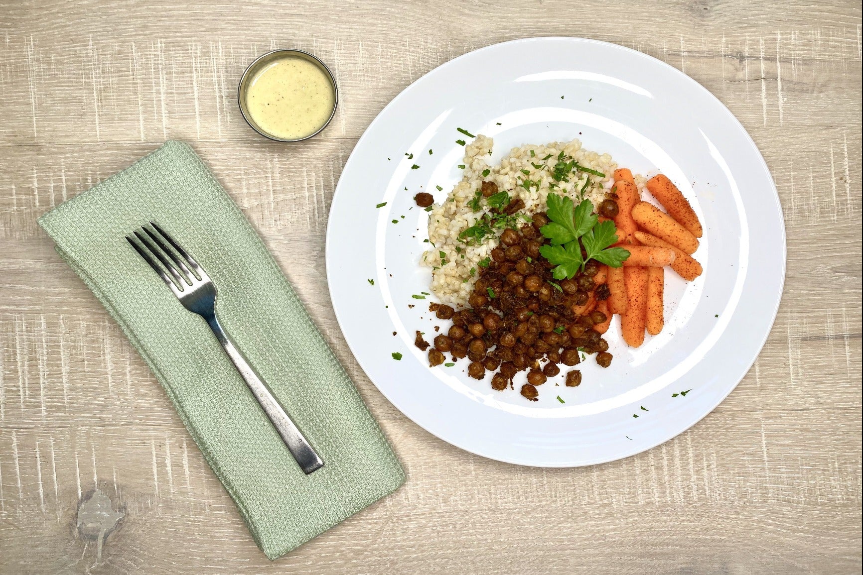 Blackened Crispy Chickpeas w/ Herbed Rice and Roasted Baby Carrots