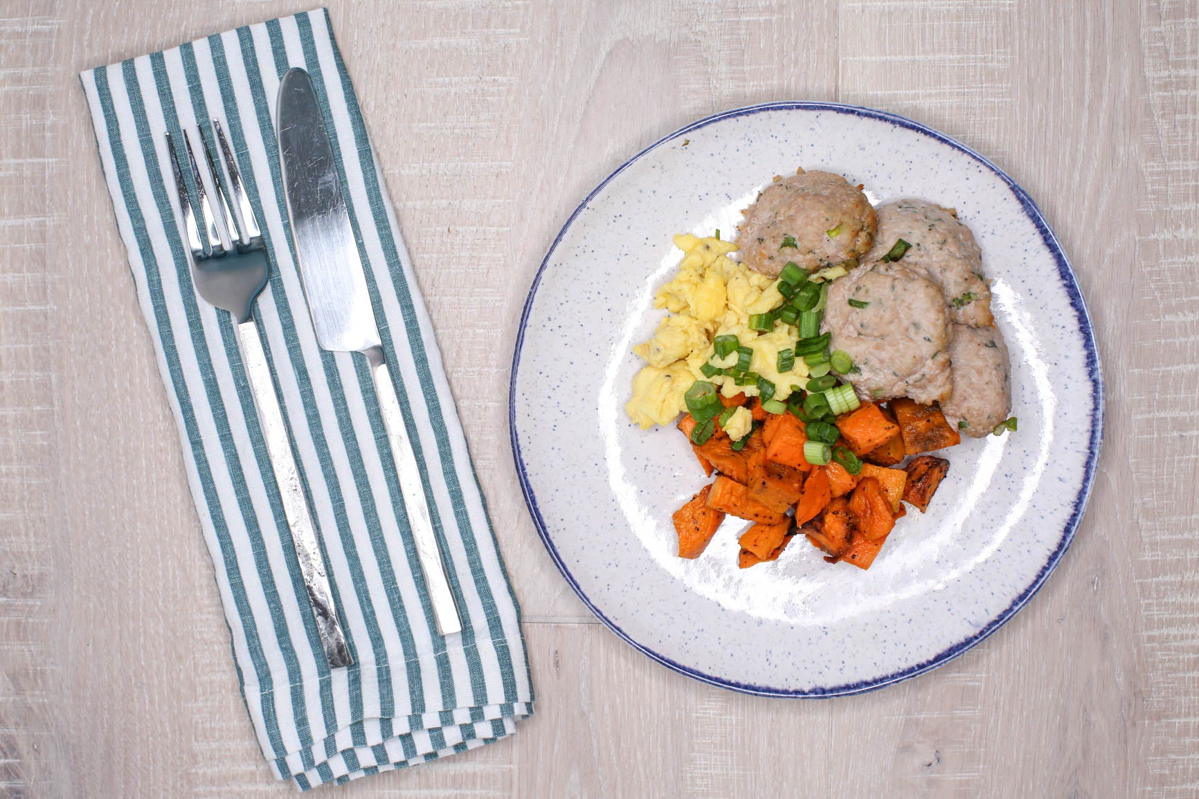 Turkey & Sage Sausage Patties w/ Sweet Potatoes + Egg