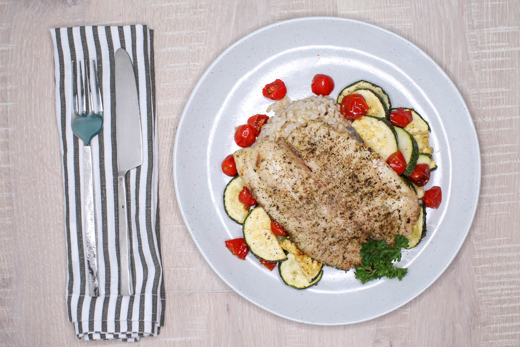 Herbed Tilapia, Zucchini & Tomatoes w/ Brown Rice