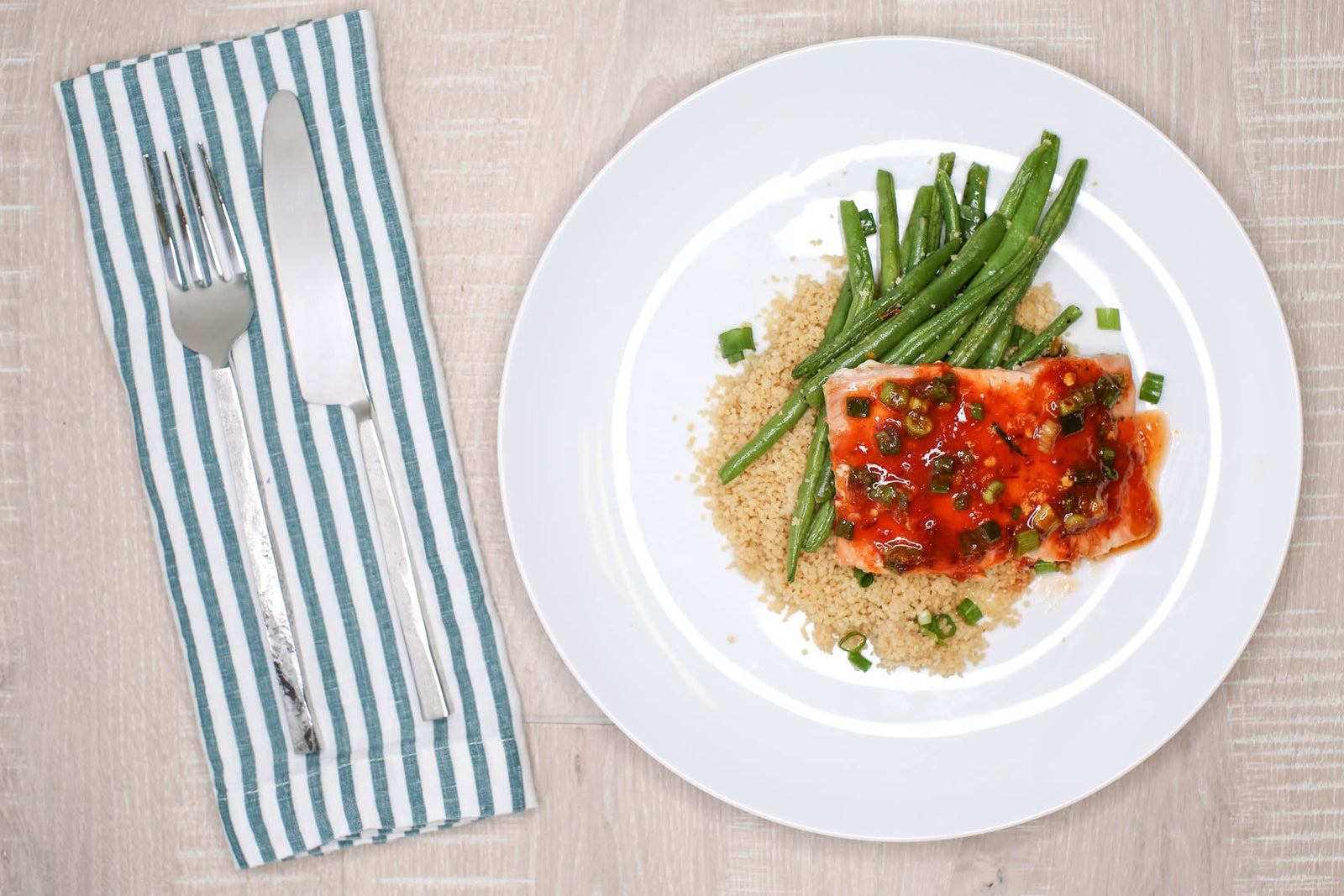 Chili-Garlic Glazed Salmon w/ Green Beans & Quinoa