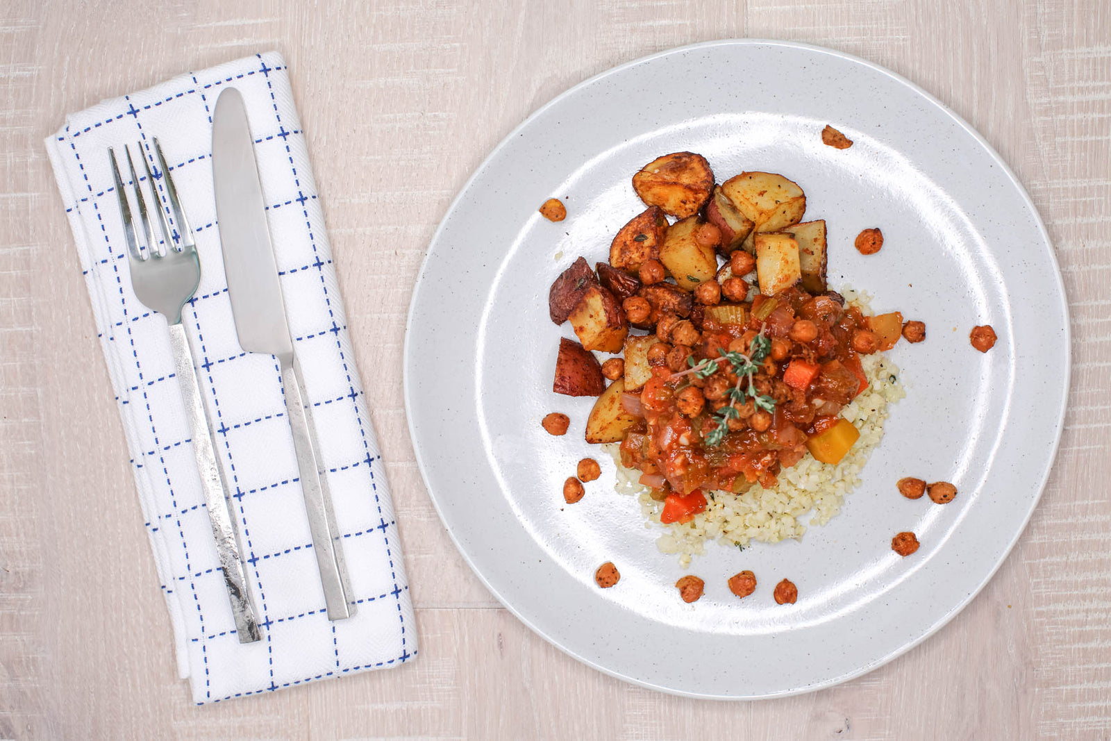 Herbed Cauliflower Rice & Spiced Chickpeas w/ Garlic Potatoes