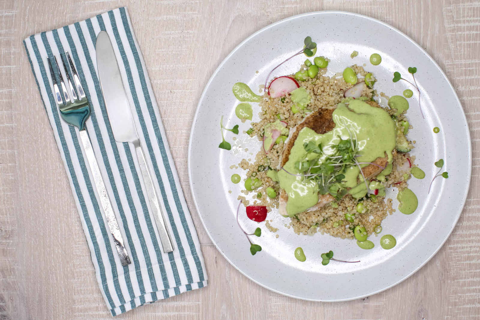 Roasted Chicken w/ Green Tahini Sauce over Quinoa Salad