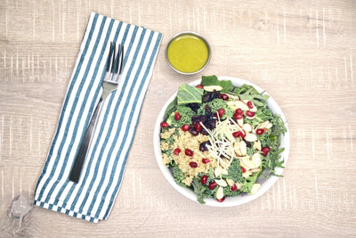 Kale Salad + Quinoa, Cranberry, Almonds & Tarragon Mint Vinaigrette