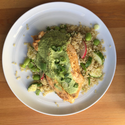 Roasted Chicken w/ Green Tahini Sauce over Cauliflower Rice (Low Carb)