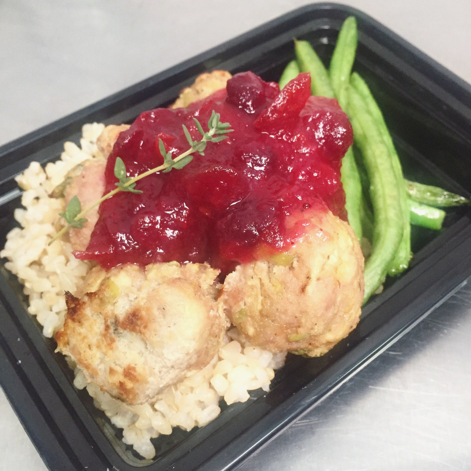 Cranberry Apple Turkey Meatballs w/ Brown Rice & Green Beans