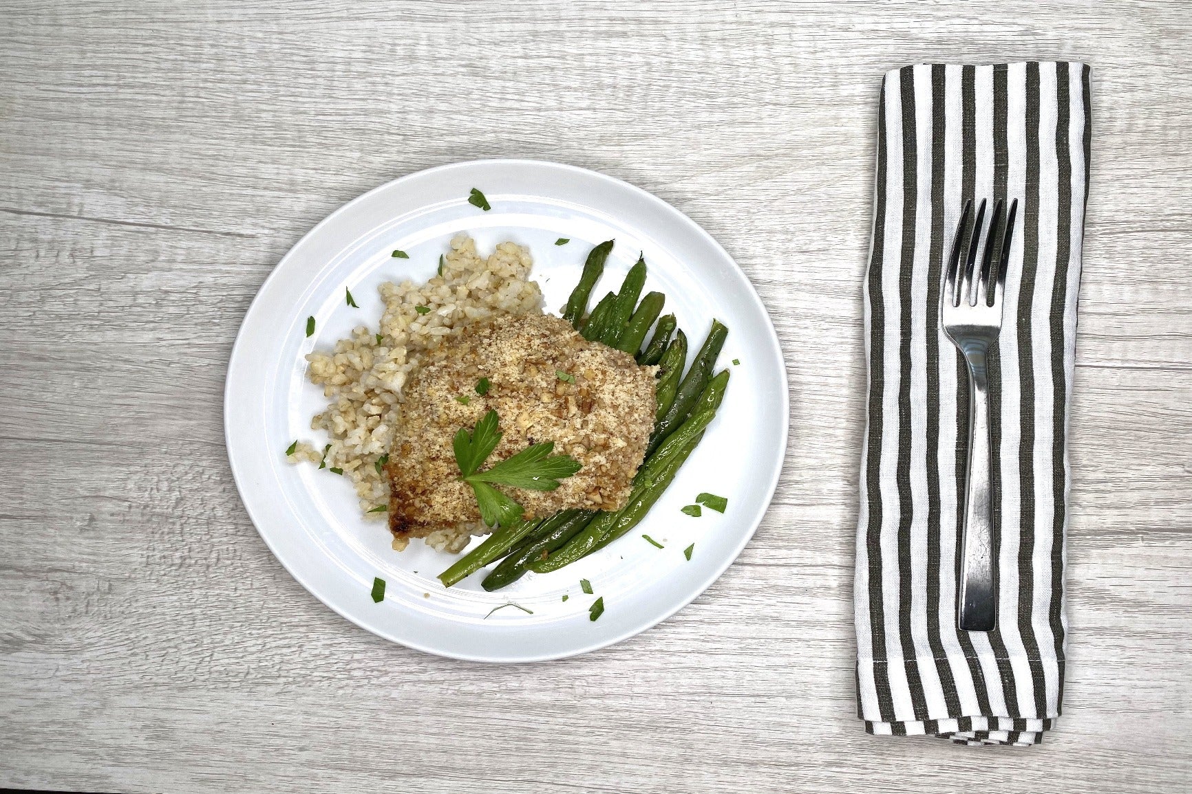 Pecan Crusted Tilapia w/ Coconut Rice & Green Beans