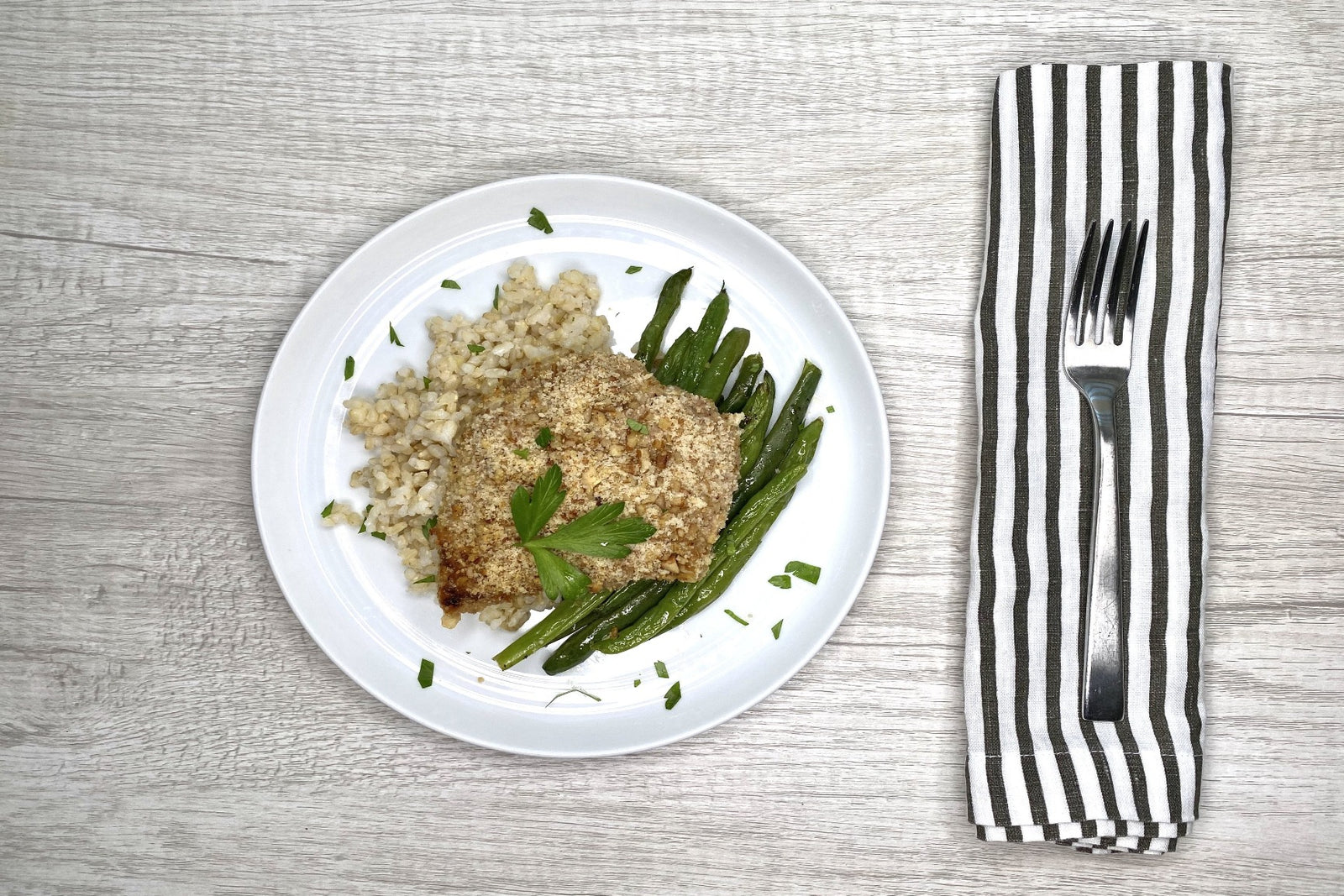 Pecan Crusted Chicken w/ Coconut Rice & Green Beans