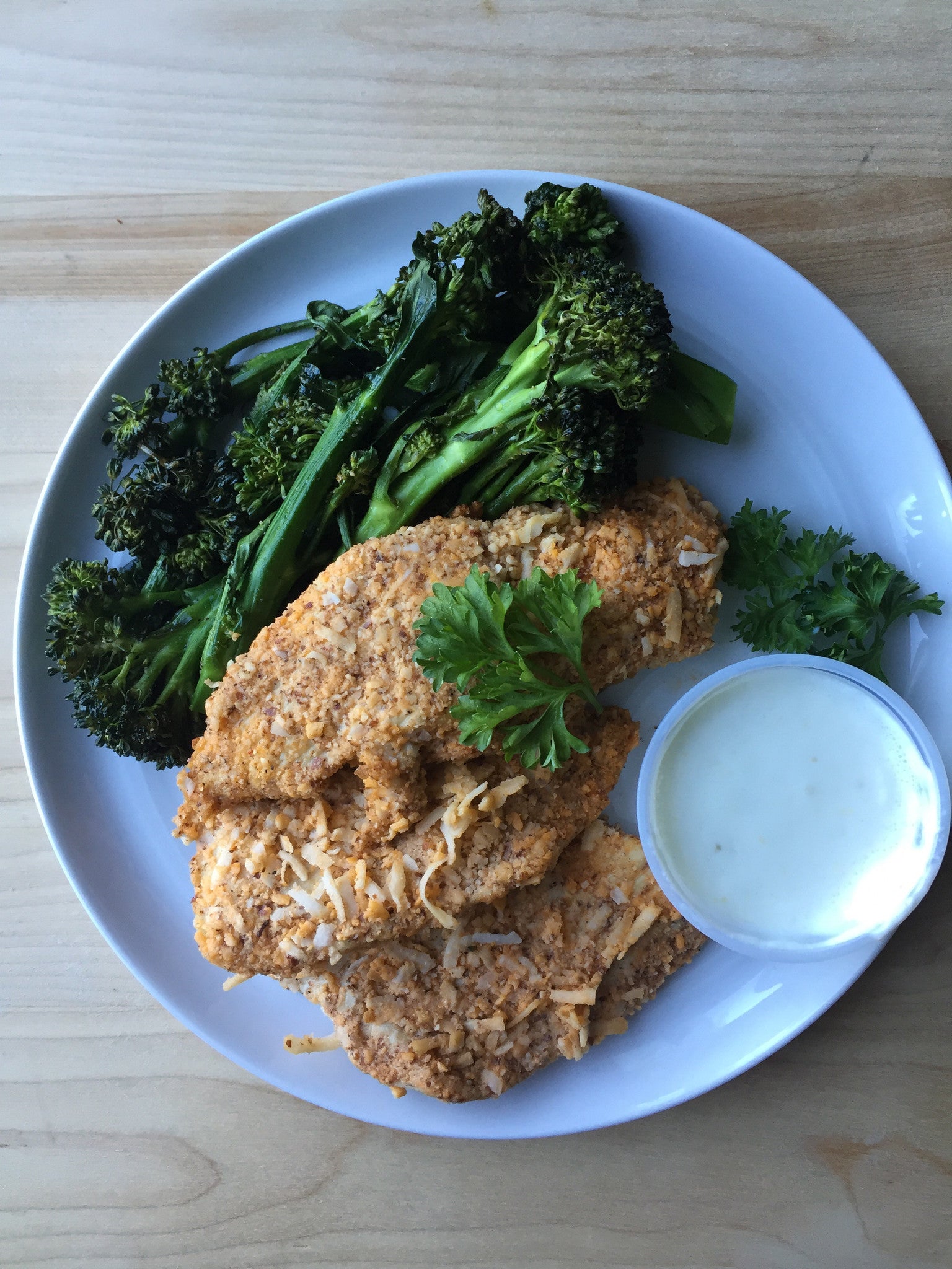 Coconut Almond Crusted Chicken Strips + Lime Yogurt Sauce