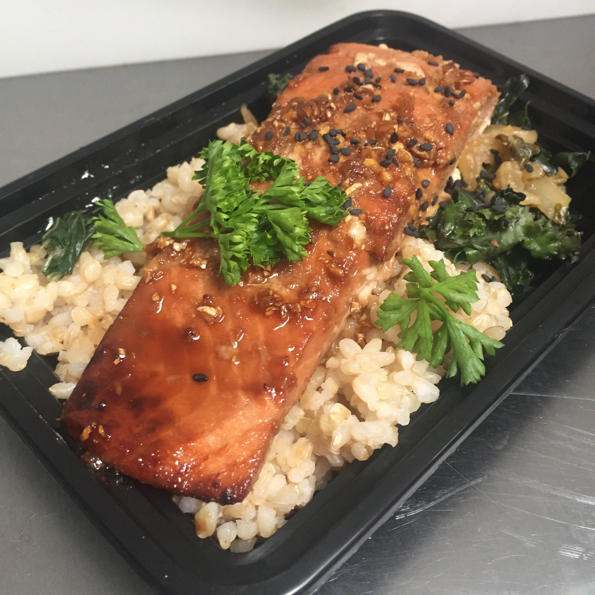 Teriyaki Glazed Salmon w/ Brown Rice & Greens
