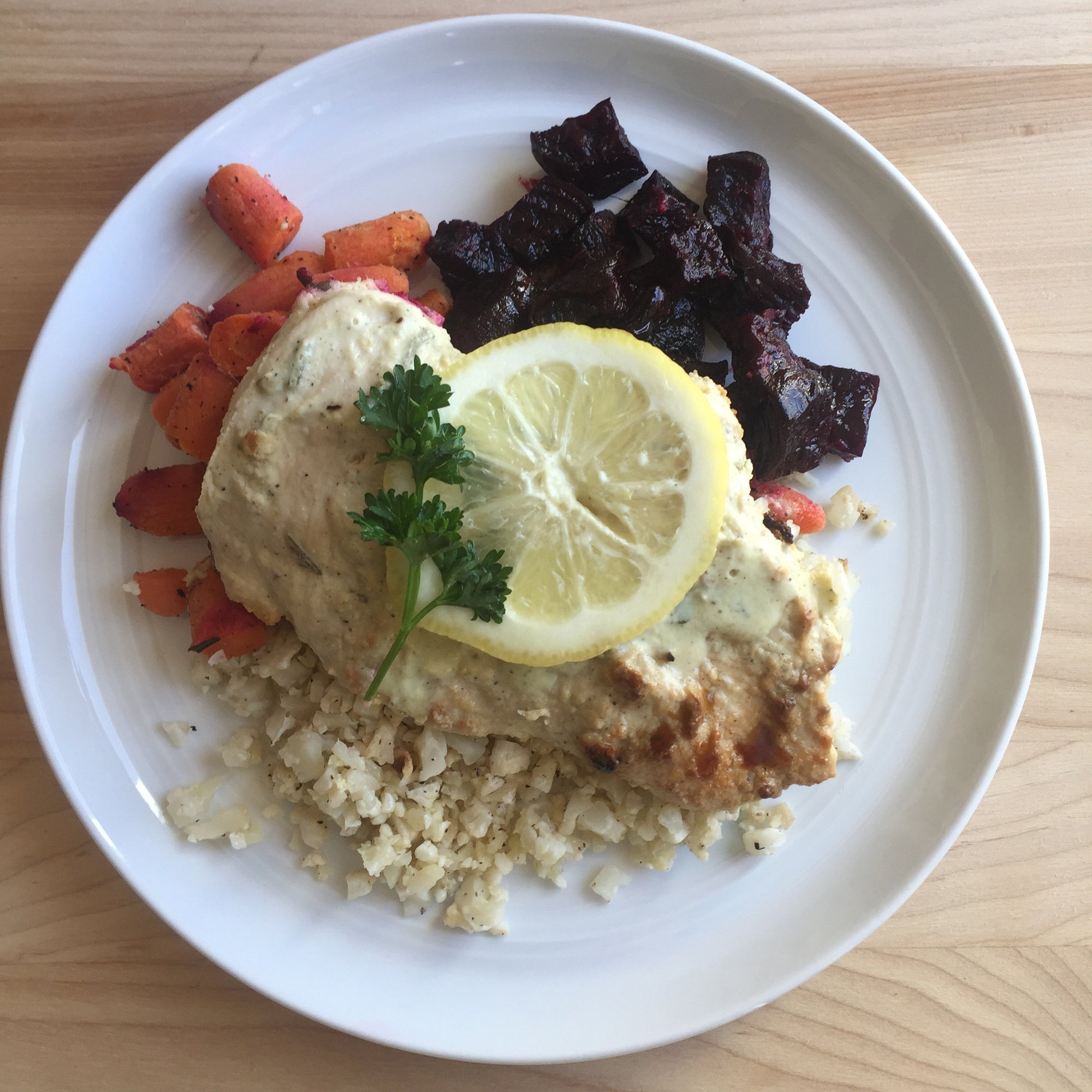 Lemon Garlic Chicken w/ Roasted Beets + Carrots